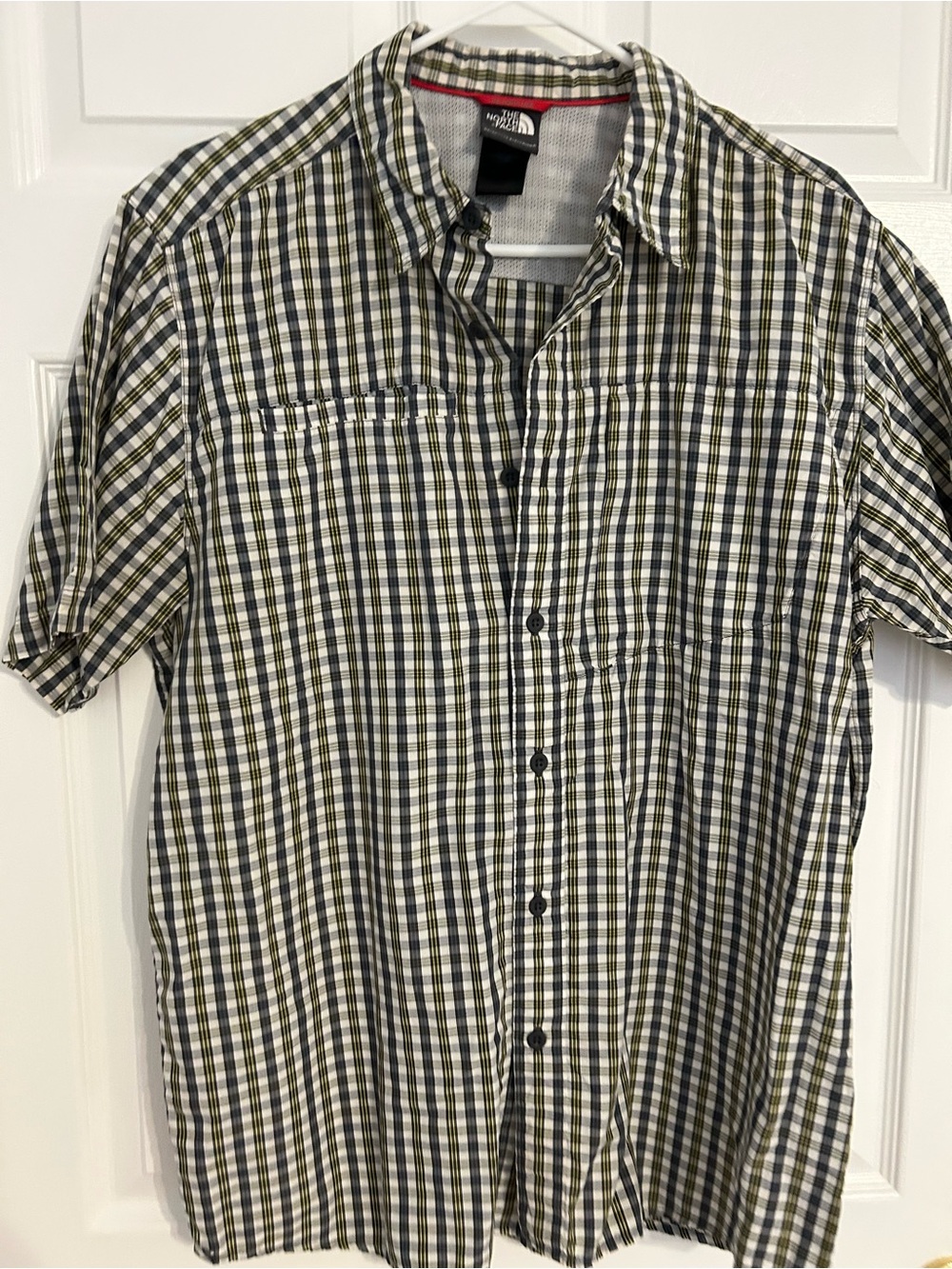 The North Face Men’s Short Sleeve Plaid Button-Up - Olive, Black & White